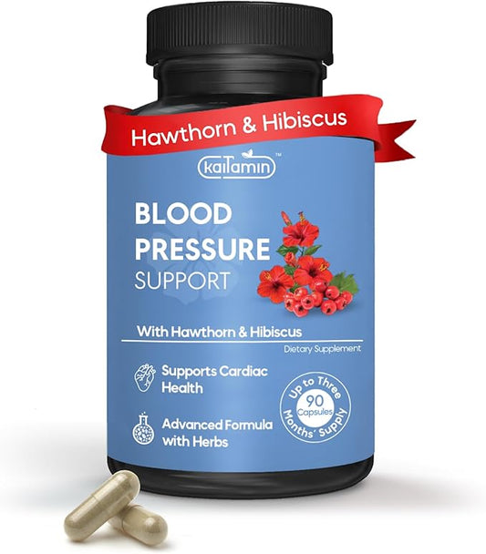 Blood Pressure Support Supplement – Natural Hawthorn, Hibiscus, Garlic & Olive Leaf – Heart Health & Circulation Support – B12, B6 – Vegan, Non-GMO – 90 Caps (3-Month Supply)