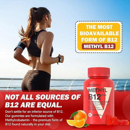 Vitamin B12 1000 mcg Gummies for Adults - Vegan Methyl B12 & D3 5000 IU Vitamin Gummy Supplements for Women - Supports Bone Health & Energy Boost - Non-GMO, Orange Flavor 180 Bears
