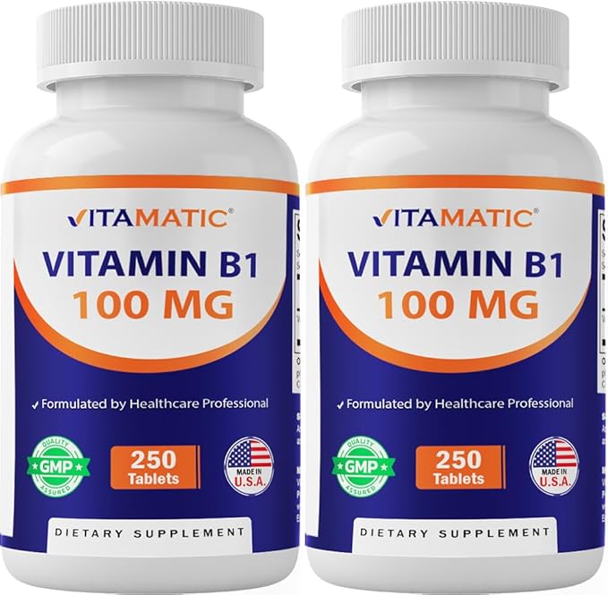 Vitamatic Vitamin B1 (As Thiamine Mononitrate) 100mg – 250 Vegetarian Tablets - 2 Pack Supports Energy Production, Nervous System Function & Heart Health*