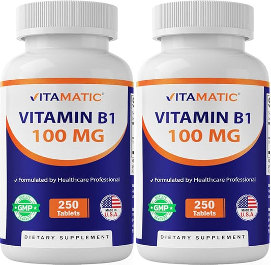 Vitamatic Vitamin B1 (As Thiamine Mononitrate) 100mg – 250 Vegetarian Tablets - 2 Pack Supports Energy Production, Nervous System Function & Heart Health*