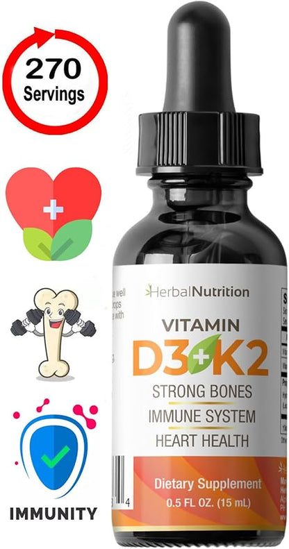 Herbal Nutrition Organic Vitamin D3 K2 Drops – 5000 IU D3 + 63mcg MK7 K2 – 270 Servings, Vegan, Liquid Supplement Superior Delivery – Bone, Heart, Immune & Mood Support – Peppermint Flavor