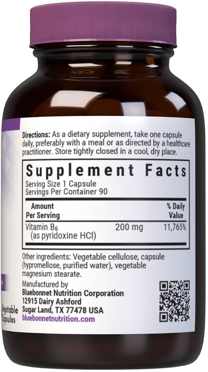 Bluebonnet Nutrition Vitamin B6 Vegetable Capsules, 200 mg, For Cardiovascular and Nervous System Health, Soy Free, Gluten Free, Kosher, Dairy Free, Vegan, Non-GMO, 90 Vegetable Capsules, 90 Servings