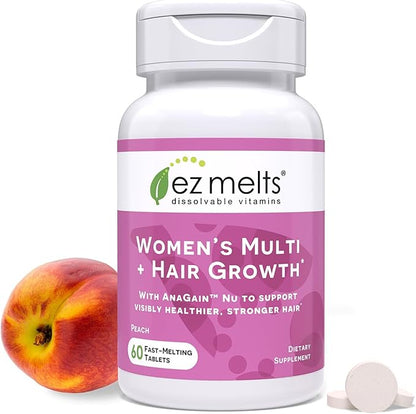 EZ Melts Dissolvable Women’s Multivitamin + Hair Growth with Biotin, Bamboo Extract & Clinically Studied AnaGain Nu, Supports Visibly Healthier, Stronger Hair, Sugar-Free Peach Flavor - 1 Pack