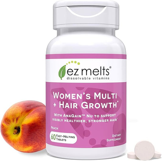 EZ Melts Dissolvable Women’s Multivitamin + Hair Growth with Biotin, Bamboo Extract & Clinically Studied AnaGain Nu, Supports Visibly Healthier, Stronger Hair, Sugar-Free Peach Flavor - 1 Pack
