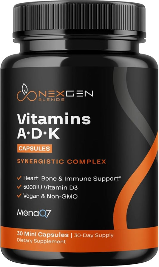 High Absorption ADK Vitamin Supplement - Vegan Vitamin D3 K2 MK7 & A for Calcium Regulation Plus Bone Heart Thyroid & Immune Support - Vitamin ADK with 5000IU D3 Non GMO & Gluten Free (1 Months)