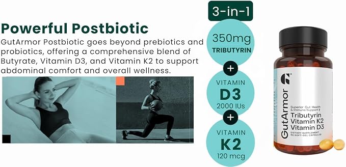 GutArmor Tributyrin Vitamin Complex, 180 Softgels, 350mg Butyrate with D3 3000IU & K2 120mcg, Gut Health Support