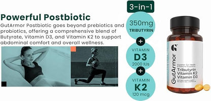 GutArmor Tributyrin Vitamin Complex, 180 Softgels, 350mg Butyrate with D3 3000IU & K2 120mcg, Gut Health Support