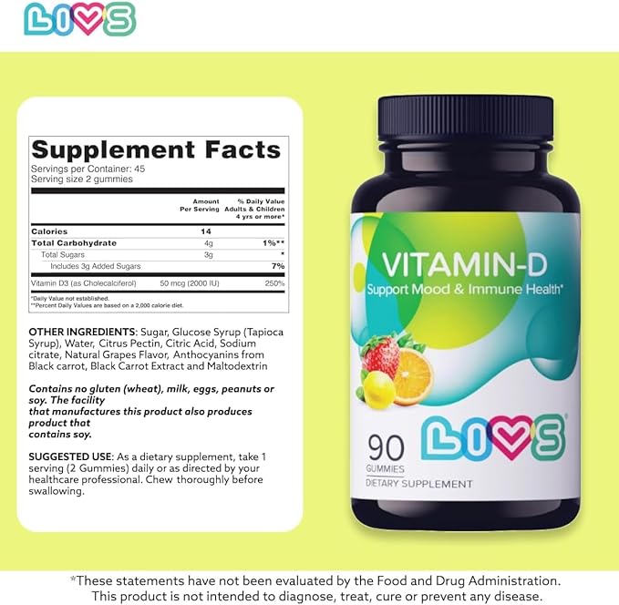 Vitamin D Gummies for Women & Adults | Vitamin D3 2,000 IU Supplement for Immune Support & Bone Health | Gelatin-Free, Gluten-Free & Non-GMO Gummy Vitamins | Lemon, Berry & org Flavor - 180 Ct
