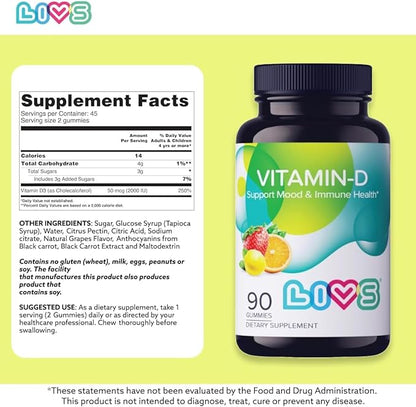 Vitamin D Gummies for Women & Adults | Vitamin D3 2,000 IU Supplement for Immune Support & Bone Health | Gelatin-Free, Gluten-Free & Non-GMO Gummy Vitamins | Lemon, Berry & org Flavor - 180 Ct