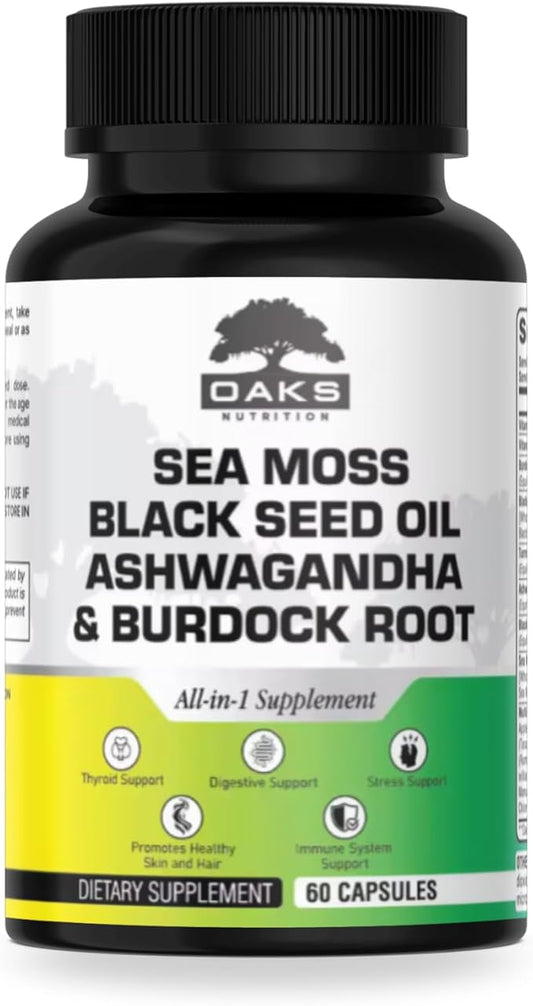 Premium 15-in-1 Sea Moss Multivitamin with Black Seed Oil, Ashwagandha, Turmeric, Bladderwrack, Burdock, Elderberry, Vitamin C & D3, Manuka Honey & ACV – 60 Capsules
