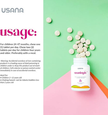 USANA Usanimals Multivitamin for Kids - Daily Chewable Tablets with Vitamins A, C, D, E, B6, B12, Zinc, Iron - Supports Immune, Bone & Brain Health - Essential Nutrients for Ages 2-12 - 56 Tablets