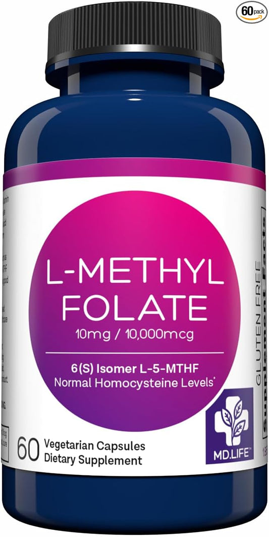 MD Life L-Methylfolate 10 mg Supplement - Professional-Grade Active L Methylfolate Supplement - 60 Capsules - L-Methylfolate 10mg - Maximum Potency MTHFR W/ Essential Amino Acids
