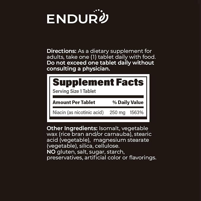 Endur Plain Niacin (Nicotinic Acid), Heart Health & Healthy Cholesterol Balance Supplement, Immediate-Release Formula, Gluten Free, 250mg (100 Tablets)