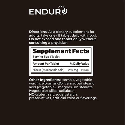 Endur Plain Niacin (Nicotinic Acid), Heart Health & Healthy Cholesterol Balance Supplement, Immediate-Release Formula, Gluten Free, 250mg (100 Tablets)