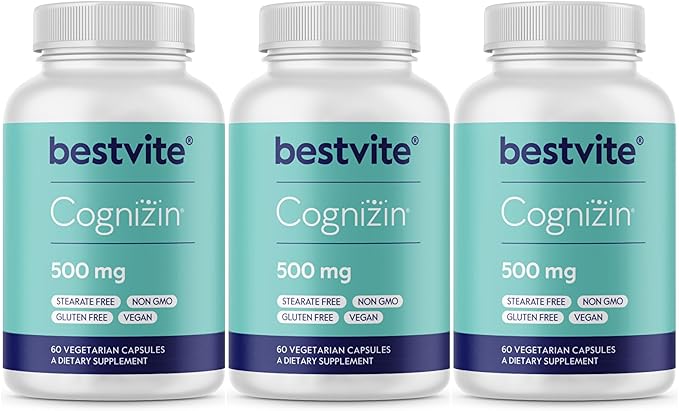 BESTVITE Cognizin Citicoline 500mg (180 Vegetarian Capsules) (60x3) - Clinically Studied Premium Choline Nootropic - No Stearates - Vegan - Gluten Free - Brain Supplements for Memory and Focus