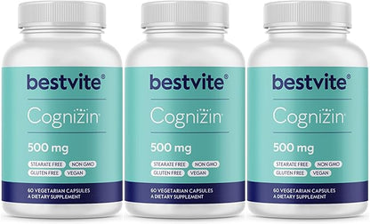 BESTVITE Cognizin Citicoline 500mg (180 Vegetarian Capsules) (60x3) - Clinically Studied Premium Choline Nootropic - No Stearates - Vegan - Gluten Free - Brain Supplements for Memory and Focus
