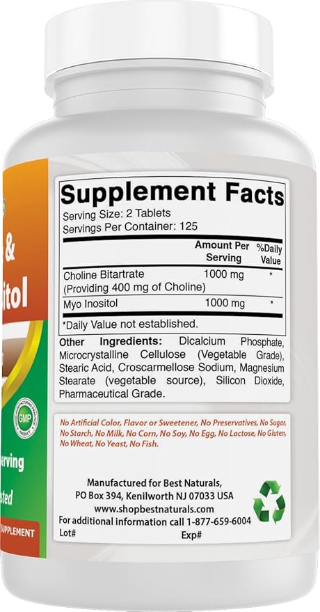 Best Naturals Choline Inositol (Myo Inositol) 2000 mg Per Serving 250 Tablets - Non-GMO, Gluten Free, Made in The USA