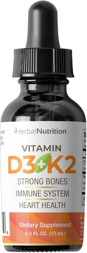 Herbal Nutrition Organic Vitamin D3 K2 Drops – 5000 IU D3 + 63mcg MK7 K2 – 270 Servings, Vegan, Liquid Supplement Superior Delivery – Bone, Heart, Immune & Mood Support – Peppermint Flavor