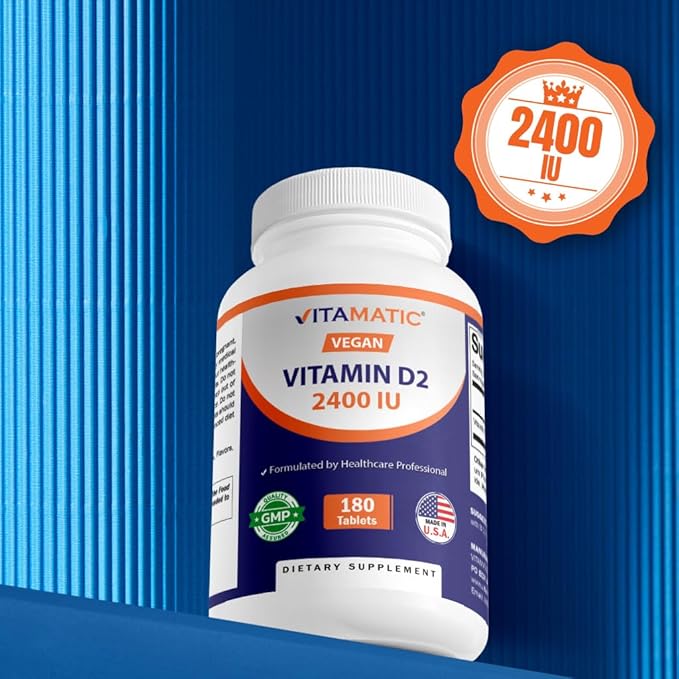 Vitamatic Vitamin D2 60 mcg (2400 IU) - Ergocalciferol - 180 Vegetarian Tablets (180 Tablets (Pack of 1)) (1 Bottle)