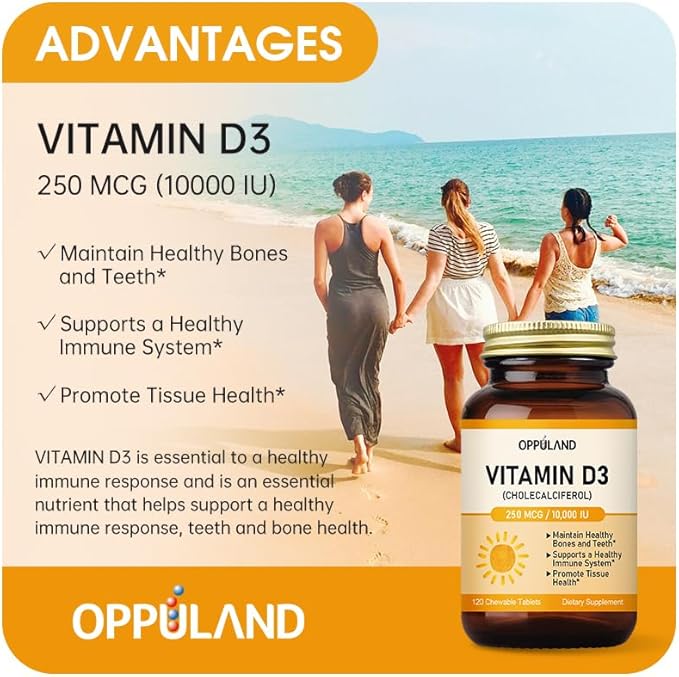 Vitamin D3 10000 IU (250 mcg) - Cholecalciferol,D3 Supplement, Vitamin D 10000 IU - 120 Chewable Tablets