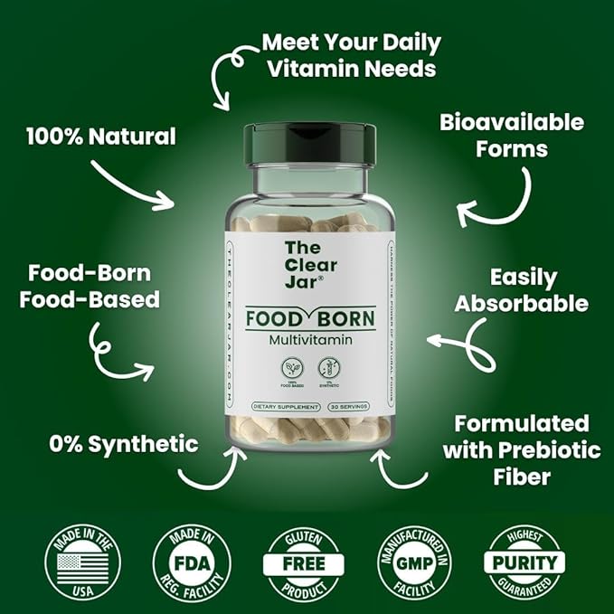 Food-Born Multivitamins,13 Daily Vitamins for Men & Women: A D2 C K1 E B1 B6 B12 etc. Non-Synthetic, Vegan, Food-Based Bioactive Vitamins, 60-Capsule