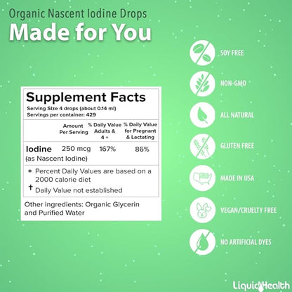 LIQUIDHEALTH USDA Organic Nascent Iodine Liquid Drops, Pure Iodine Supplement for Thyroid & Immune Support, Energy Supplement - Made in USA, Vegan, Colorless, Tasteless Tincture (2 Pack)