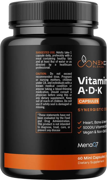High Absorption ADK Vitamin Supplement - Vegan Vitamin D3 K2 MK7 & A for Calcium Regulation Plus Bone Heart Thyroid & Immune Support - Vitamin ADK with 5000IU D3 Non GMO & Gluten Free (2 Months)