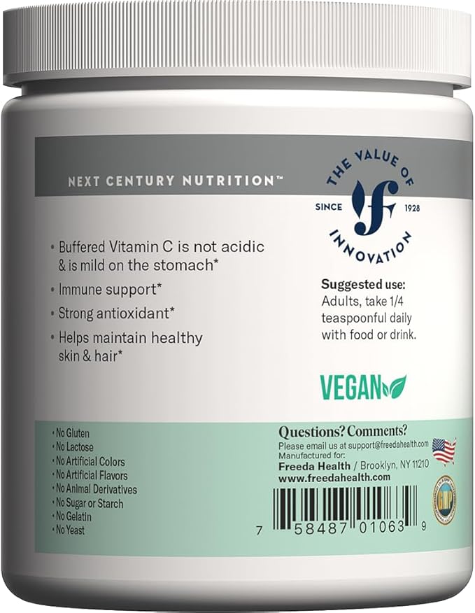 FREEDA Buffered Vitamin C Powder – Gentle on Stomach, Kosher & Vegan, High-Absorption Immune Support, Sugar-Free Calcium Ascorbate Antioxidant Supplement (16 oz)