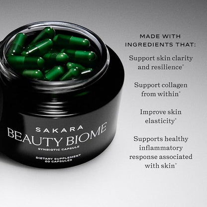 Sakara Beauty Biome – Daily Synbiotic for Skin & Gut Health with Probiotics, Dermaval®, Vitamins A, D, E, Antioxidants, Prebiotics & Enzymes – Supports Clear, Radiant, Hydrated Skin – 60 Capsules