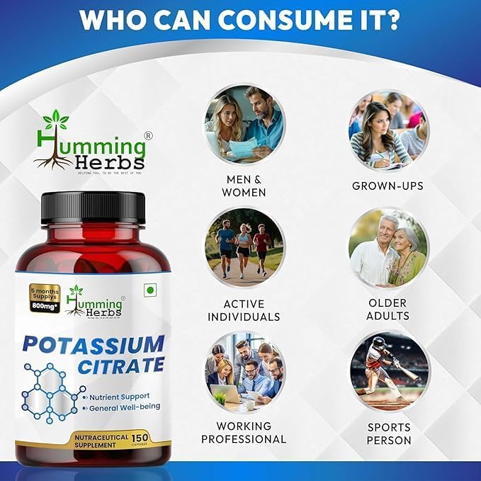 Potassium Citrate 800mg – 150 Vegan Capsules | Daily Electrolyte & Mineral Support | No Additives | Non-GMO