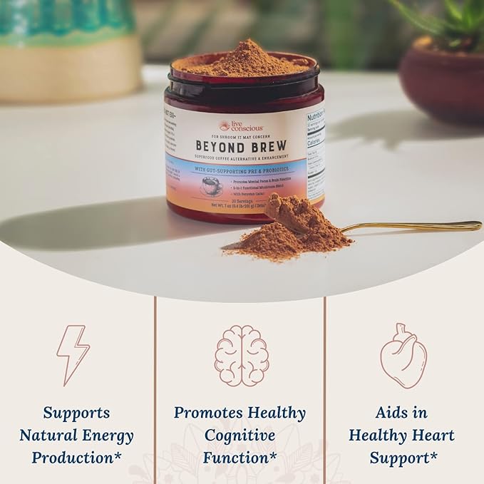Beyond Brew Mushroom Superfood Coffee | Mushroom Coffee Alternative Low Caffeine | Healthy Coffee Substitute | W/Prebiotics & Probiotics | By Live Conscious | 30 Servings Net Wt. 7 oz (2-Pack)