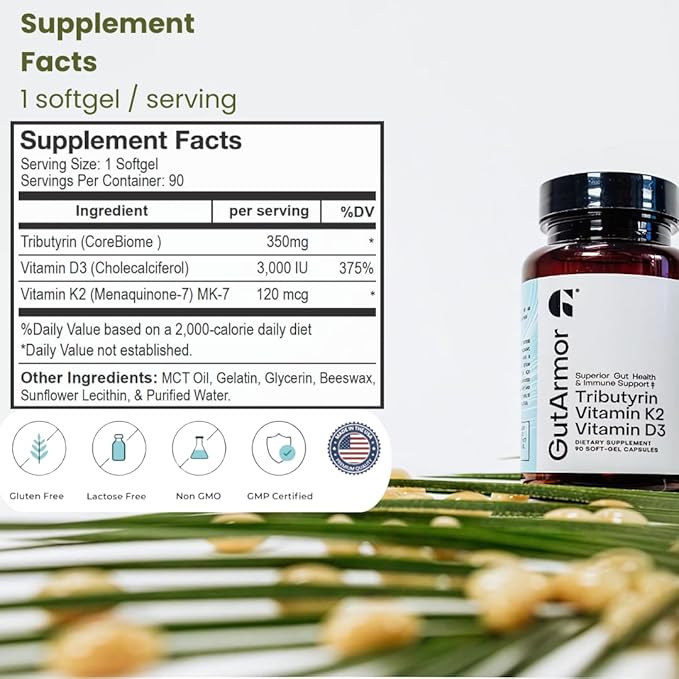 GutArmor Tributyrin Vitamin Complex, 180 Softgels, 350mg Butyrate with D3 3000IU & K2 120mcg, Gut Health Support