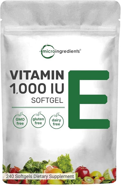Micro Ingredients Vitamin E, 240 Softgels | Pure Vitamin E Oil Pills | Antioxidant Supplements for Skin, Face, Heart, & Immune Health | Non-GMO, Gluten Free