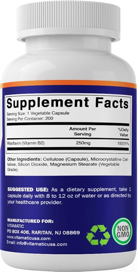 Vitamatic Vitamin B2 (Riboflavin) 250 mg - 200 Capsules Support Cellular Energy & Red Blood Cell Production