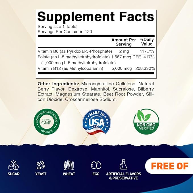 Vitamatic Methyl Folate & B12 Supplement with Pyridoxal 5 Phosphate (P-5-P) - Promotes Cardiovascular Health & Energy Metabolism - 120 Fast Dissolve Tablets - Non GMO & Gluten Free