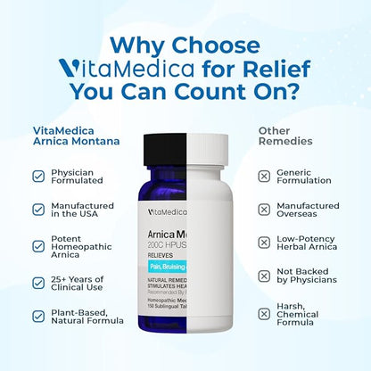 VitaMedica Arnica Montana 200C Rapid Dissolve Tablets for Natural Pain, Bruising, and Swelling Support - High Potency Homeopathic Medicine for Injury and Surgery Recovery - 150 Ct - 50 Servings