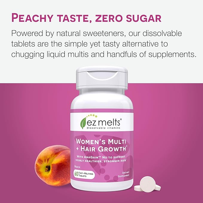 EZ Melts Dissolvable Women’s Multivitamin + Hair Growth with Biotin, Bamboo Extract & Clinically Studied AnaGain Nu, Supports Visibly Healthier, Stronger Hair, Sugar-Free Peach Flavor - 1 Pack