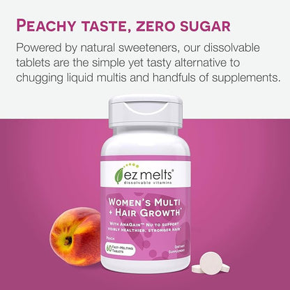 EZ Melts Dissolvable Women’s Multivitamin + Hair Growth with Biotin, Bamboo Extract & Clinically Studied AnaGain Nu, Supports Visibly Healthier, Stronger Hair, Sugar-Free Peach Flavor - 1 Pack
