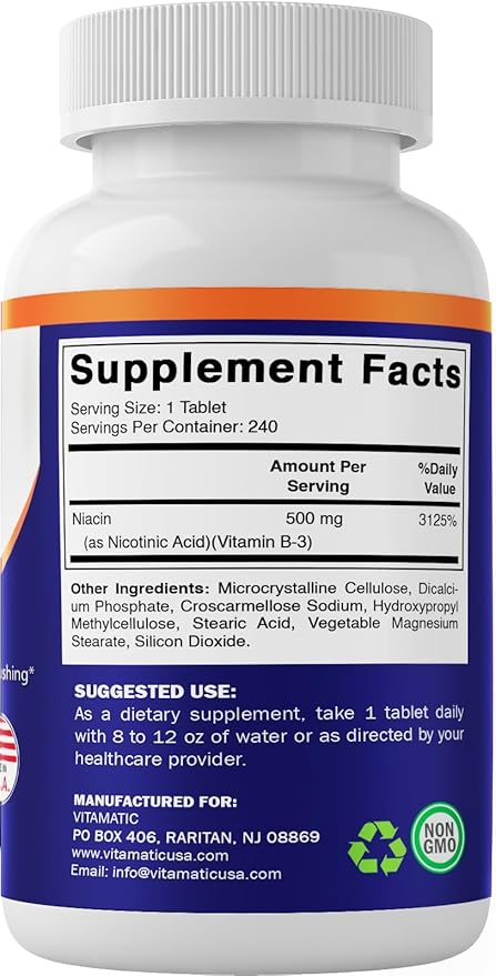 Vitamatic Niacin (Vitamin B3) 500mg, Sustained Release, 240 Tablets - Non-GMO & Gluten Free- 2 Pack