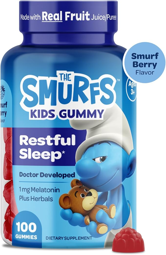 The Smurfs 1mg Melatonin Gummies for Kids with Chamomile & Lemon Balm for a Restful Sleep Age 3+ | Non-Habit Forming | Made with Real Fruit in a Smurf Berry | Doctor Developed | 100 Vegetarian Gummy
