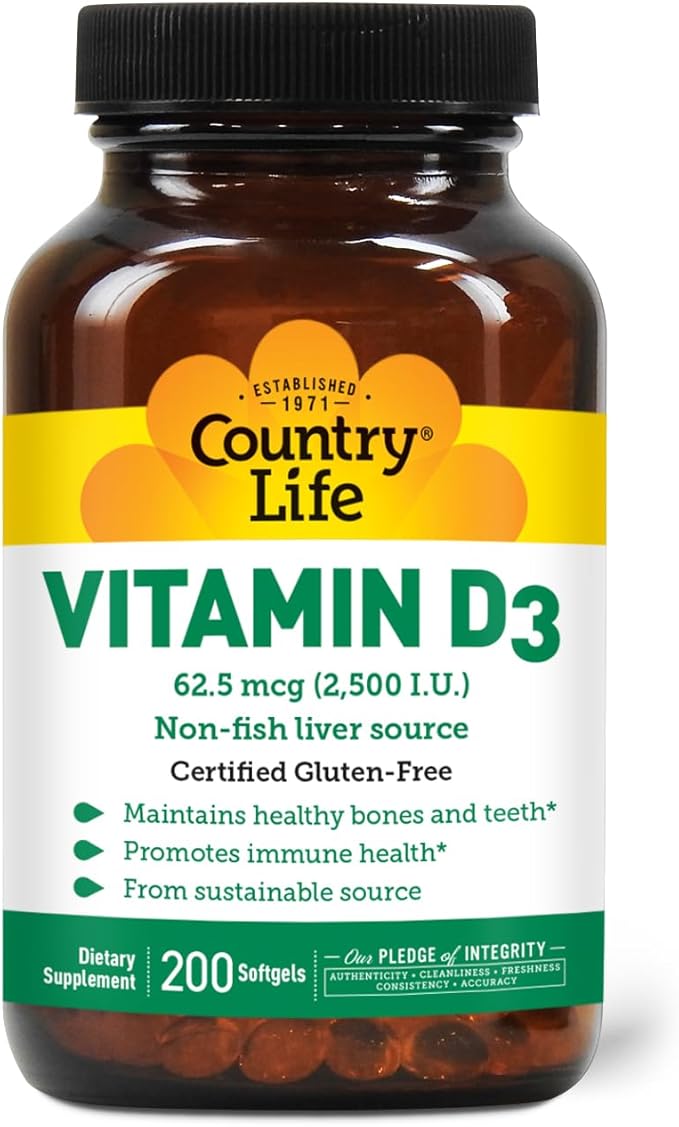 Country Life Vitamin D3 2500 IU – Non-Fish Derived, High Potency Vitamin D3 for Bone Strength, Immune Support & Calcium Absorption – Certified Gluten-Free, 200 Softgels