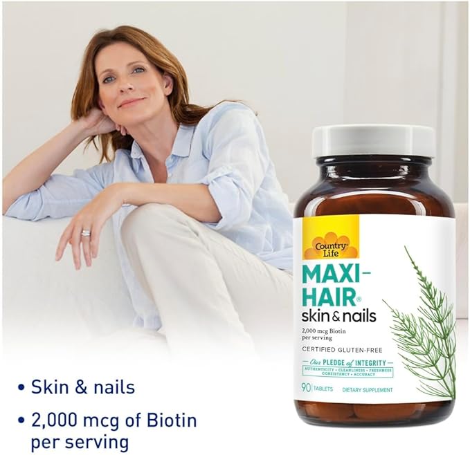 Country Life Maxi-Hair Supplement - 2000mcg Biotin & Vitamins for Hair, Skin & Nails - Certified Gluten-Free & Vegetarian - Supports Hair Growth, 90 Tablets