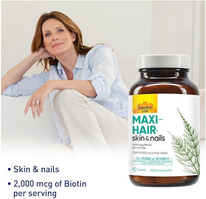 Country Life Maxi-Hair Supplement - 2000mcg Biotin & Vitamins for Hair, Skin & Nails - Certified Gluten-Free & Vegetarian - Supports Hair Growth, 90 Tablets