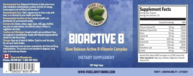 Pure Lab Vitamins - Slow Release Bioactive B Complex, 120 Capsules - Vitamin B-Complex Supplements - Metabolic Support Immune System - B Complex Vitamins for Men and Women