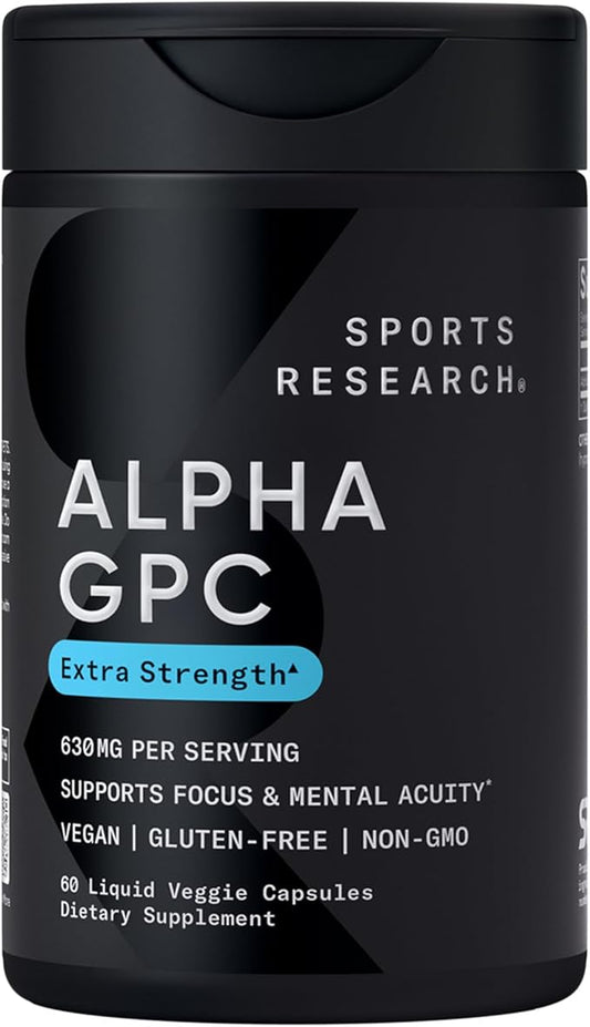 Sports Research® Alpha GPC 630mg (Extra Strength) - Bioavailable Source of Choline - Focus & Cognitive Support for Women & Men - Vegan Certified · Non-GMO · Gluten Free - 60 Liquid Capsules