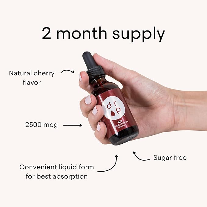 Vitamin B12 2500 mcg 2 oz Liquid Drops for Energy Production, Nervous System Health - No Artificial Preservatives, Non-GMO, Gluten Free, Vegan-Friendly