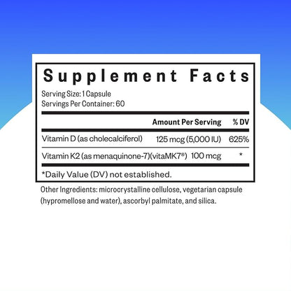 Vitamin D3 + K2 | 5000 IU of D3 (as cholecalciferol) for Optimal Calcium Absorption | 100 mcg of K2 (as menaquinone-7) for Circulatory Health | Supports Bone & Immune Health | 60 Vegetarian Capsules