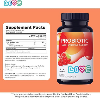 Probiotic Gummies for Women and Men – 5 Billion CFUs Bacillus Coagulans for Digestive Gut Health, Mood Support & Immune Boost | All Natural, Plant-Based, Vegan, Strawberry Flavor - 88 Count