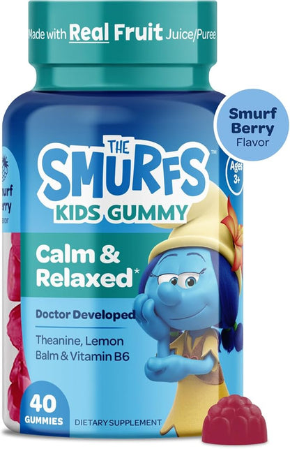 Smurfs Kids Calm Gummies | Calming Gummies for Kids with Lemon Balm & L Theanine | Made with Real Fruit | Doctor Developed | Gelatin Free Non-GMO No Artificial Flavors or Colors | 20 Servings