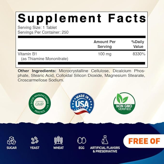 Vitamatic Vitamin B1 (As Thiamine Mononitrate) 100mg – 250 Vegetarian Tablets - 2 Pack Supports Energy Production, Nervous System Function & Heart Health*